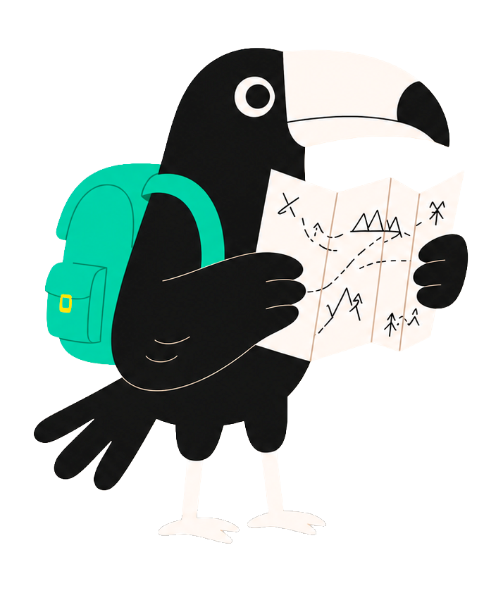 Tucano mascote do Buvo segurando um mapa, com mochila teal